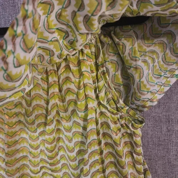 New Oliphant 100% Cotton Blouse Size Large Green Gold Off Shoulder Ruffled - Picture 6 of 7